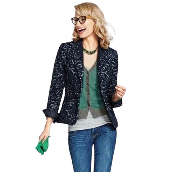 CAbi Jacquard Midnight BlueWool Blazer Jacket Sz 12 Business Casual Fall Winter - Picture 1 of 10